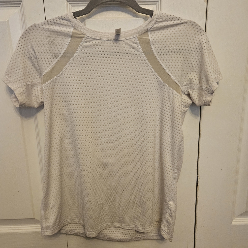 Athleta Cream Short Sleeve Mesh Top